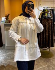 ghisa taşlı büzgülü gömlek beyaz