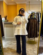 ghisa taşlı büzgülü gömlek beyaz 3