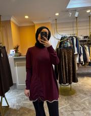 ghisa taşlı büzgü detay tunik bordo