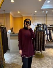 ghisa taşlı büzgü detay tunik bordo 2