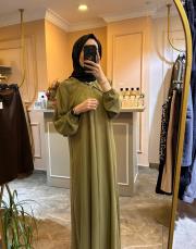 zems şifon omuz detaylı elbise haki