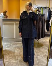 ceremony deniz kabuğu işlemeli denim ceket kap lacivert