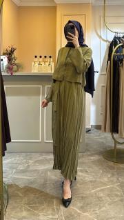 arkası çapraz bağlamalı bolerolu pasıon elbise haki