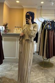 arkası çapraz bağlamalı bolerolu pasıon elbise bej