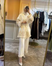 ghisa kol dantel detay keten takım ekru