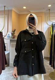 ceremony üç cepli önden düğmeli dubai kısa gömlek siyah