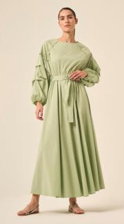 ceremony kolları katlama büzgü minik aksesuar detaylı belden lastikli paper touch elbise elma yeşili