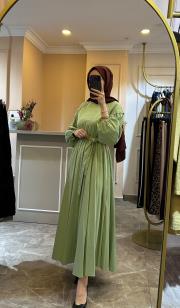 ceremony kolları katlama büzgü minik aksesuar detaylı belden lastikli paper touch elbise elma yeşili 4