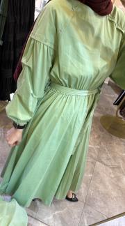 ceremony kolları katlama büzgü minik aksesuar detaylı belden lastikli paper touch elbise elma yeşili 6