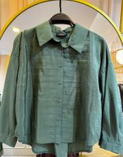 ceremony yakası büzgülü keten kısa bluz koyu yeşil