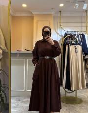 ceremony yakası büzgülü keten kısa bluz kızıl kahve