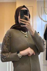 ghisa omzu boncuk ve güpür detaylı kısa bluz vizon