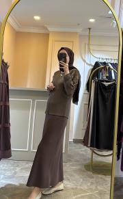 ghisa omzu boncuk ve güpür detaylı kısa bluz vizon 3