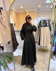 zems belden büzgülü yakası taş işlemeli elbise siyah