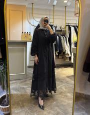 ghisa dantel detaylı belden büzgülü elbise siyah