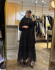 ghisa dantel detaylı belden büzgülü elbise siyah 3