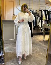 ghisa dantel detaylı belden büzgülü elbise beyaz 3