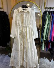 ceremony kraşlı desenli ve beli lastikli monarch elbise ekru