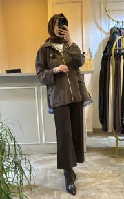 sentez arkası lastikli kısa geniş paça pantolon kahve 2