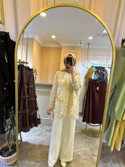 sentez arkası lastikli kısa geniş paça pantolon ekru 3