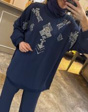 ghisa önü şifon taşlı takım lacivert 3