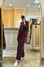 ghisa kendinden desenli önü şifon detaylı takım mürdüm