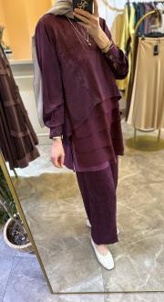 ghisa kendinden desenli önü şifon detaylı takım mürdüm 2