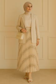 sentez desenli şifon plise etek açık bej