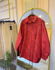 ceremony düğmeli uzun kollu dekoratif dikişli gömlek kırmızı