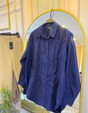 ceremony düğmeli uzun kollu dekoratif dikişli gömlek lacivert