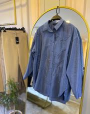 ceremony düğmeli uzun kollu dekoratif dikişli gömlek indigo