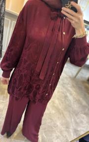 ghisa yandan düğme işlemeli takım bordo 3