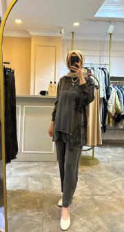 ghisa önü dantel işlemeli takım kahve