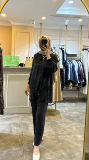 ghisa önü dantel işlemeli takım siyah