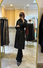 ghisa önü çıt çıt detaylı trençkot siyah