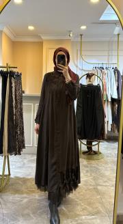 lissmore  yakası çiçek detaylı elbise kahve