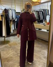 önden fermuarlı yarım patlı çelik takım bordo