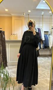 tuniği boncuk işlemeli etekli takım siyah