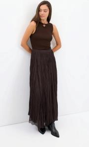 kadriye baştürk kırışık görünümlü uzun kloş etek acı kahve 4