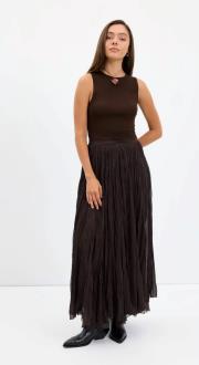 kadriye baştürk kırışık görünümlü uzun kloş etek acı kahve 5