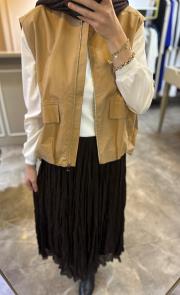 fermuar kapamalı volanlı yelek camel 2