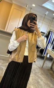 fermuar kapamalı volanlı yelek camel 3