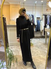 ceremony balıkçı yaka kemer aksesuarlı triko elbise siyah 2