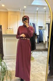 ceremony balıkçı yaka kemer aksesuarlı triko elbise bordo