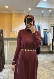 ceremony balıkçı yaka kemer aksesuarlı triko elbise bordo 2