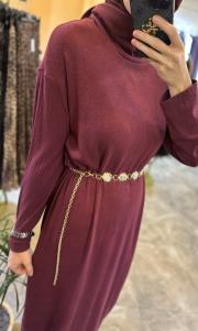 ceremony balıkçı yaka kemer aksesuarlı triko elbise bordo 3