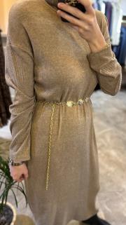 ceremony balıkçı yaka kemer aksesuarlı triko elbise camel 2