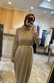 ceremony balıkçı yaka kemer aksesuarlı triko elbise camel 3