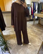 önden çift fermuarlı kapüşonlu takım kahve 2