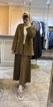 ince plisoley süet etek haki